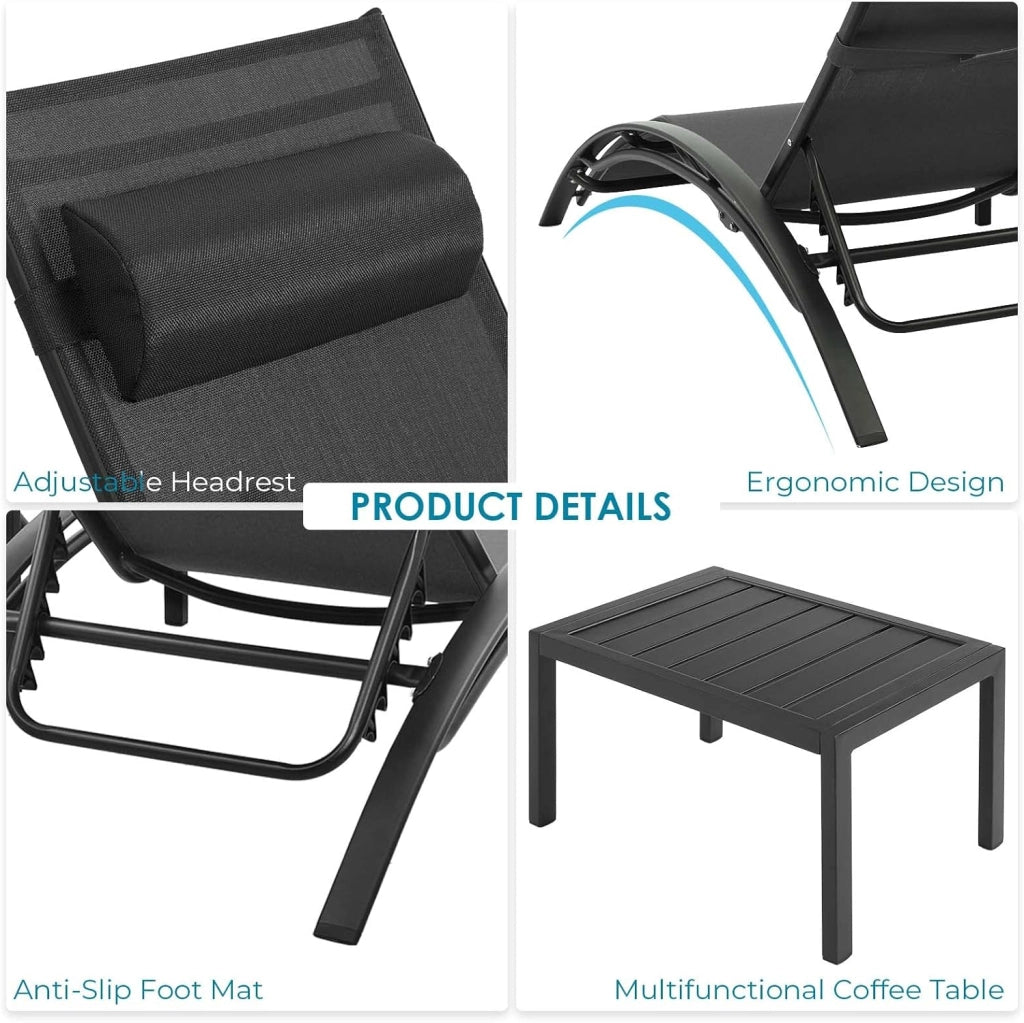 Set di 2 lettini prendisole in alluminio, Lettino da Giardino, con Tavolo e Cuscino Poggiatesta, Resistenti alle intemperie, Schienale regolabile in 5 posizioni, Adatto per giardini, piscine