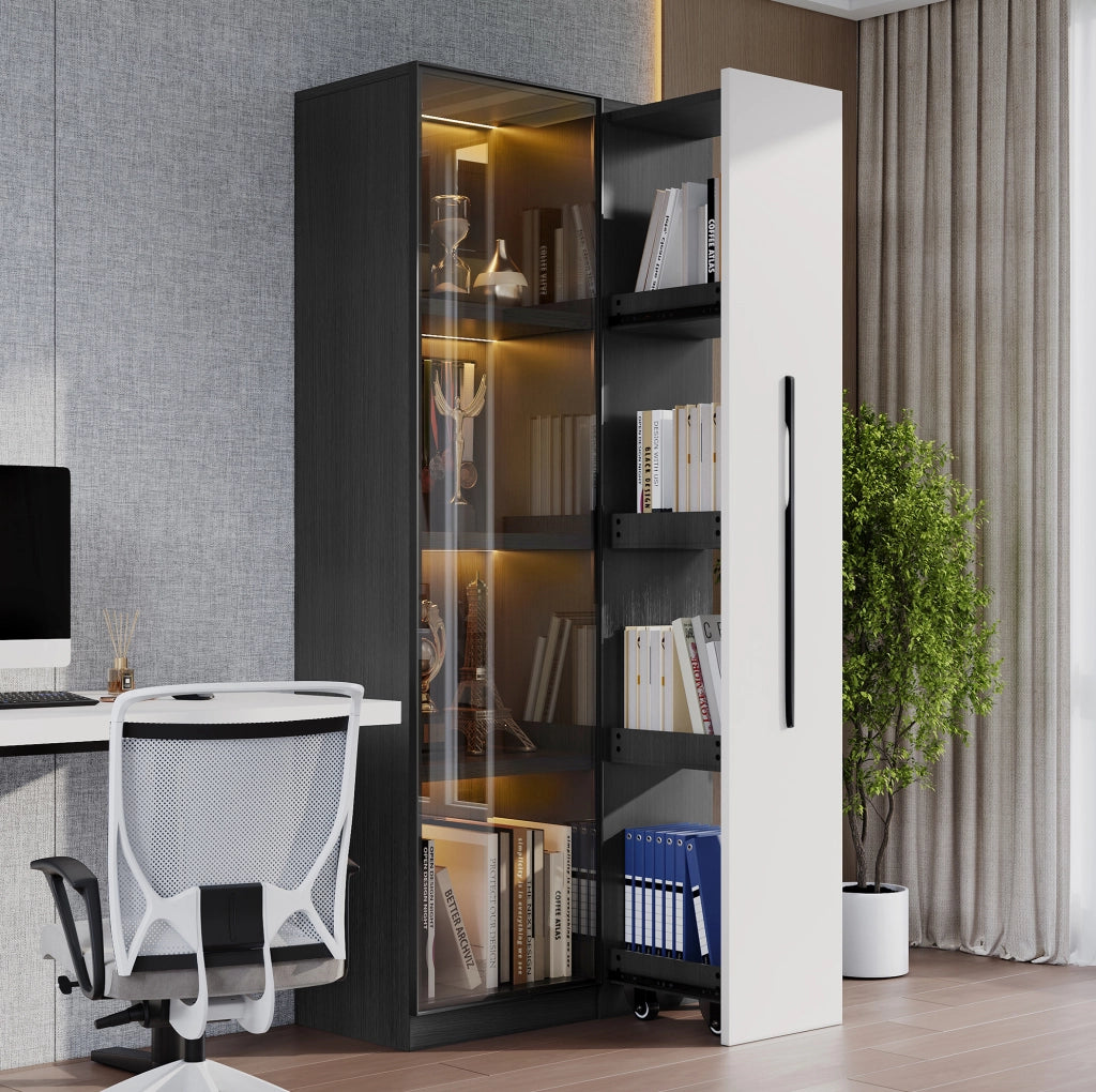 Vetrina moderna con LED e vano laterale 70x40x160 cm in MDF; nero e bianco