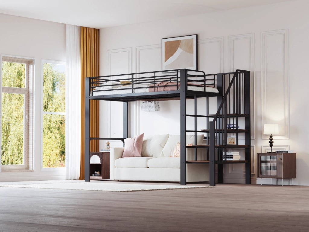 LETTO A SOPPALCO 90x200 cm Metallo e legno Nero con scala e spazio contenitore