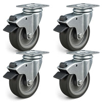 Set 4 ruote girevoli con freno, per trasporto, 125mm, plastica e gomma, max 100 kg a rotella