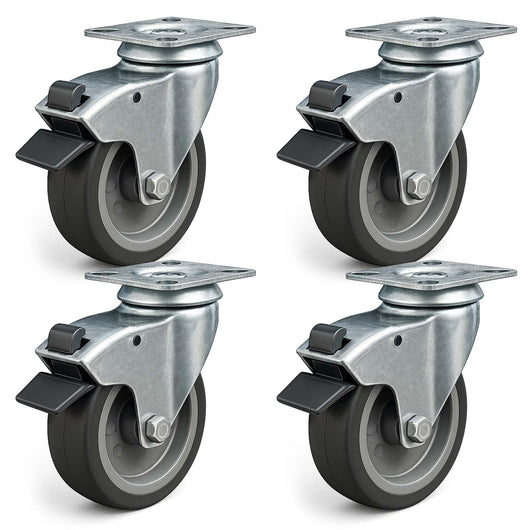 Set 4 ruote girevoli con freno, per trasporto, 125mm, plastica e gomma, max 100 kg a rotella