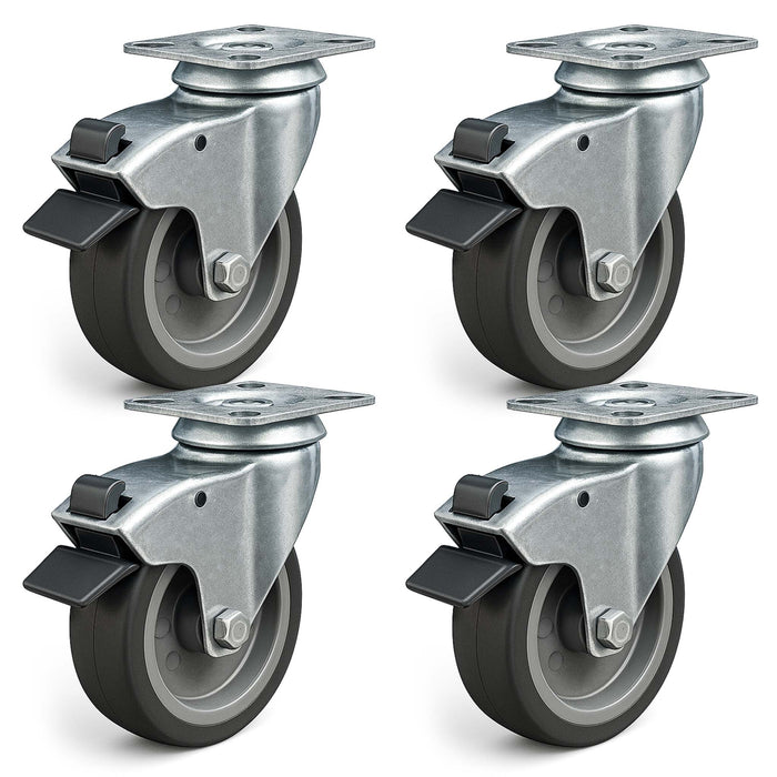 Set 4 ruote girevoli con freno, per trasporto, 125mm, plastica e gomma, max 100 kg a rotella