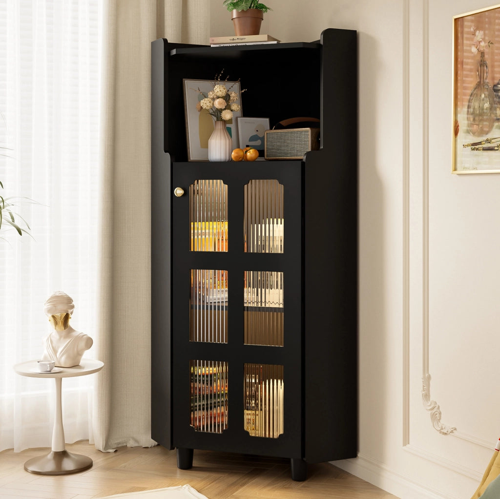 Mobile angolare con illuminazione LED APP; finitura laccata nera; in MDF; 63;5 x 124 cm
