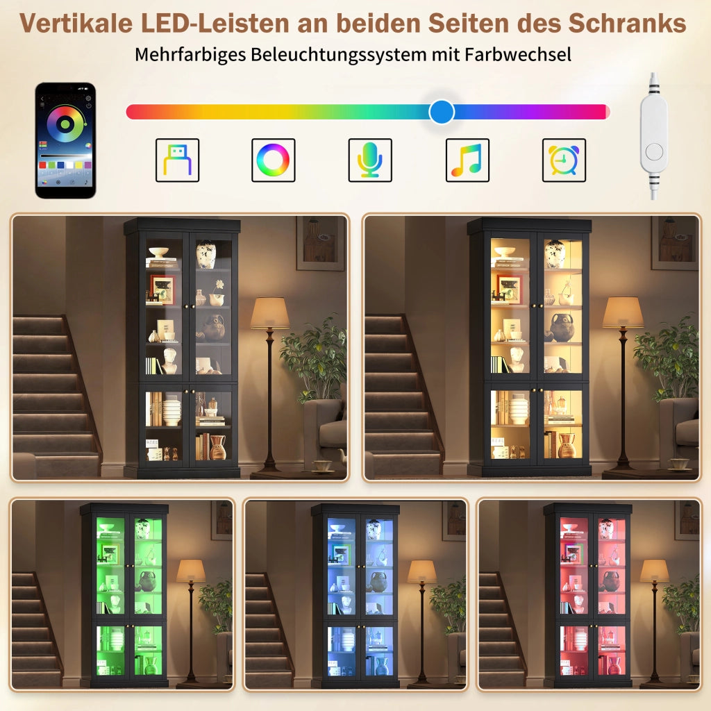 Armadio con LED e 2 sistemi antiribaltamento, ripiani regolabili, per soggiorno e camera da letto, nero 160 × 40 × 180 cm