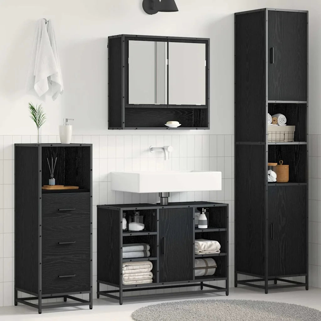 Set di mobili per il Bagno | Armadio da bagno 3 pz Rovere Nero Legno multistrato