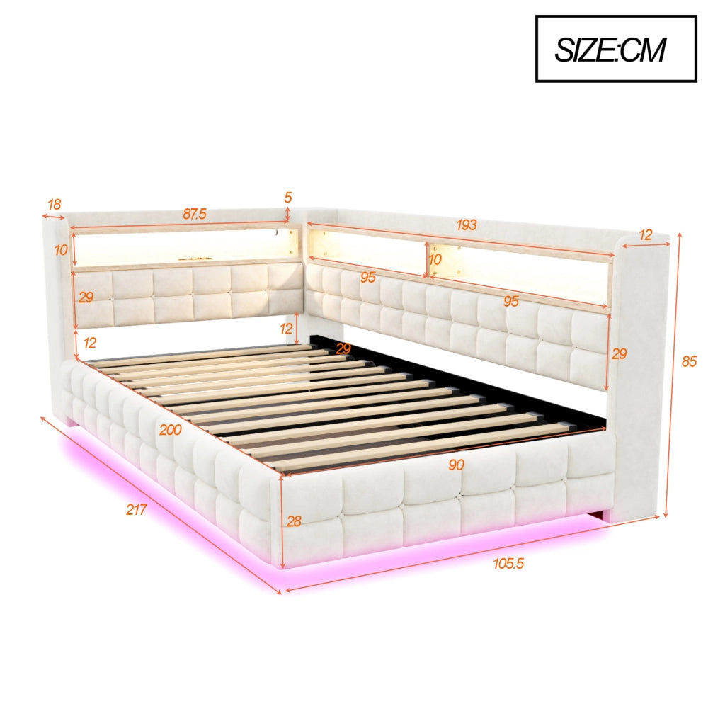 Divano letto imbottito ULEVR 90x200 cm con contenitore idraulico, LED, prese USB e Type-C, ripiani in velluto beige