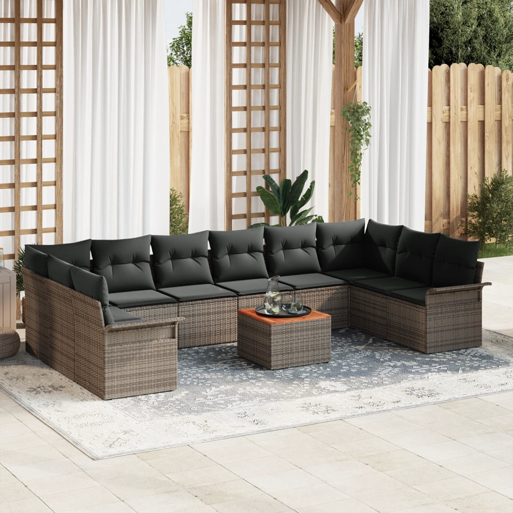 Set Divano da Giardino di 11 Pezzi con Cuscini Grigi in Polyrattan