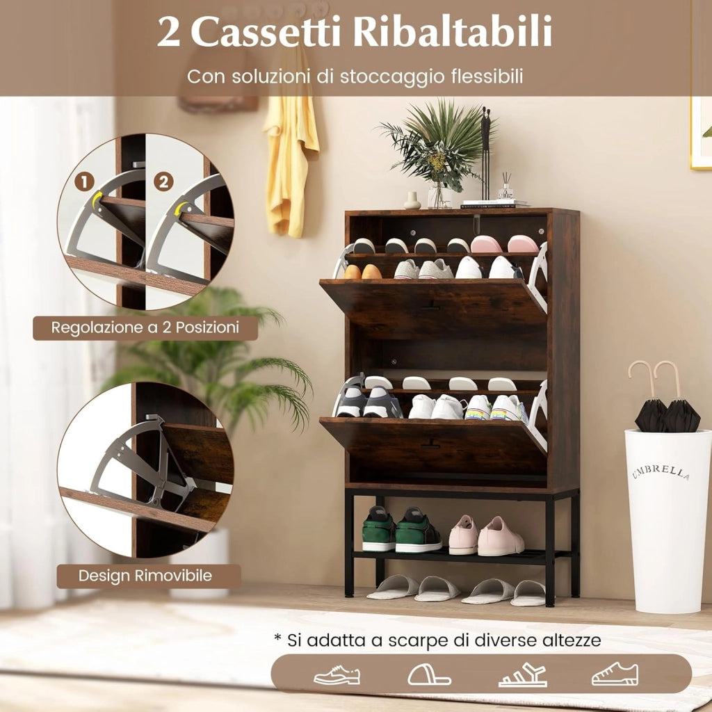 Armadio per Scarpe con 2 Cassetti a Ribalta, Scarpiera Nascosto con Ripiani Regolabili e Rimovibili, Ripiano in Metallo, 15 Paia di Scarpe, 60x24x106 cm (Marrone)