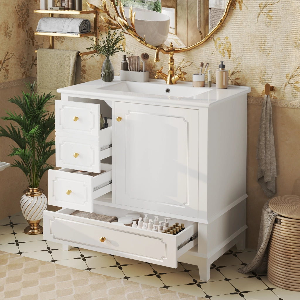 Mobile bagno sottolavabo 76,5 cm con lavabo in ceramica, 2 cassetti, anta e maniglie oro, bianco