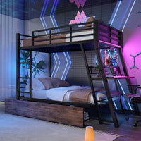 Letto a Castello con LED e Scrivania – Xylo – 90x200cm, Ferro, Cassetti, Paracolpi, Scaletta, Nero, Senza Materasso