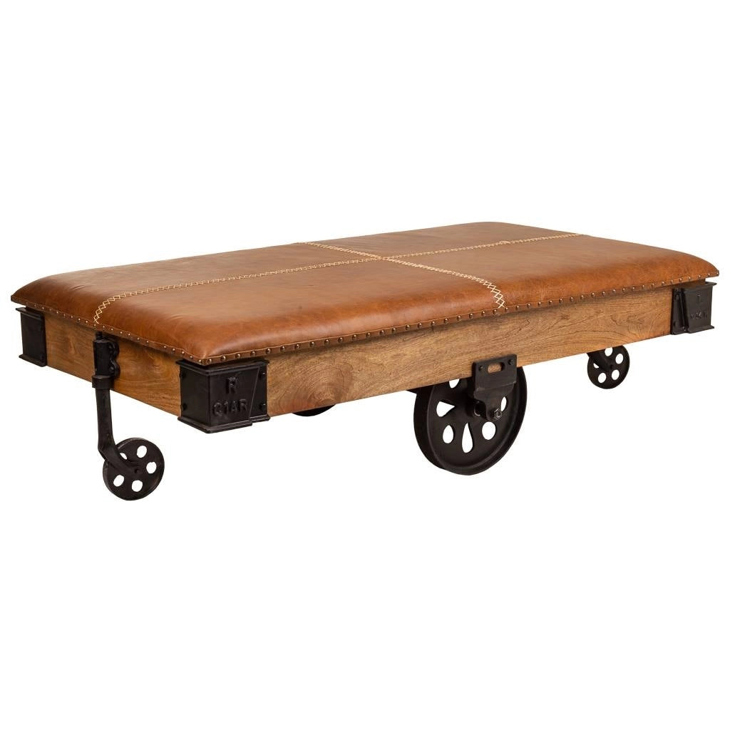 Tavolino in legno, metallo e pelle marrone 165x90x52h