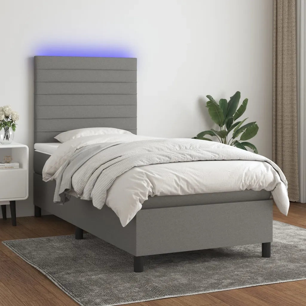 Letto a Molle Materasso e LED Grigio Scuro 100x200cm in Tessuto 3134934