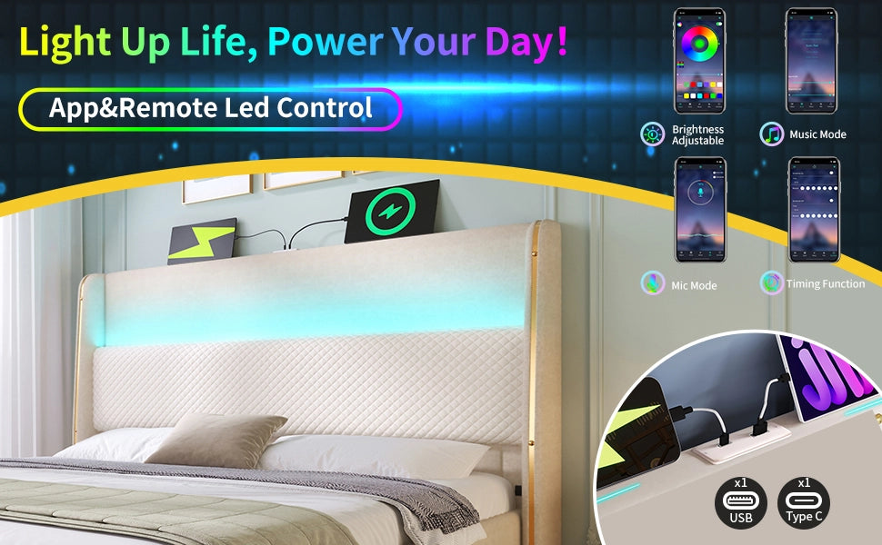 DESMIU Letto singolo 90 × 200 cm con LED, USB e Type-C, vano idraulico, senza materasso, beige