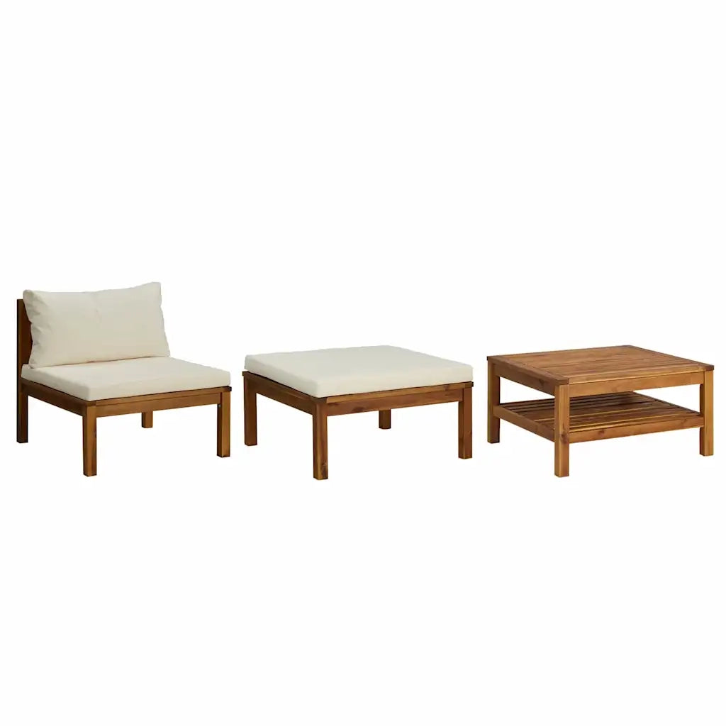 Salotto da Giardino-Set Divani Giardino 3 pz Cuscini Bianco Crema in Legno d'Acacia