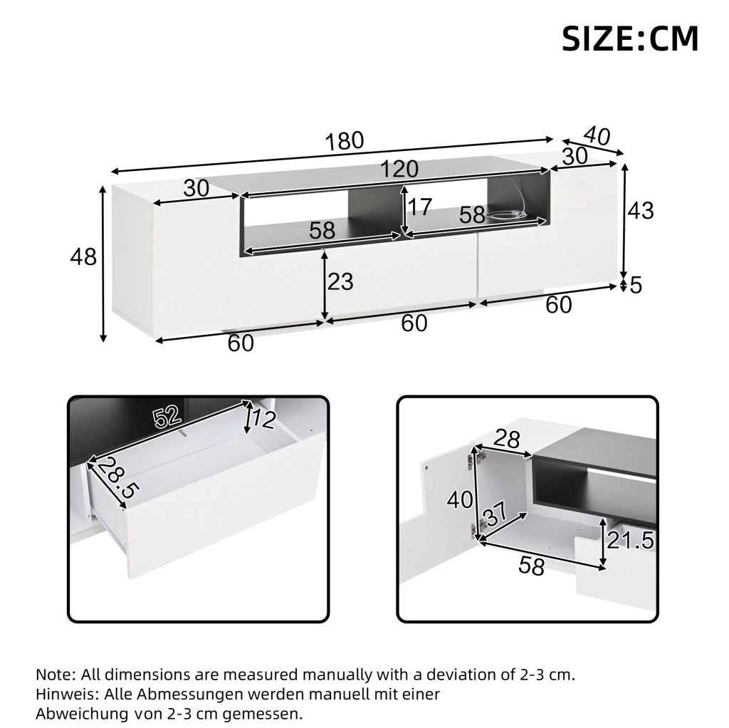 Mobile TV con LED e cassetto 180x40x48 cm in pannello truciolare bianco