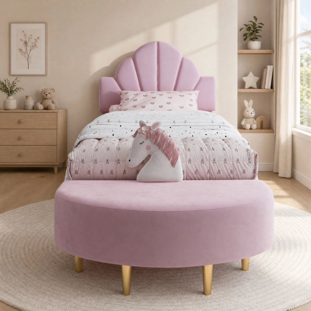 Letto singolo imbottito rosa 90x200 cm con panca