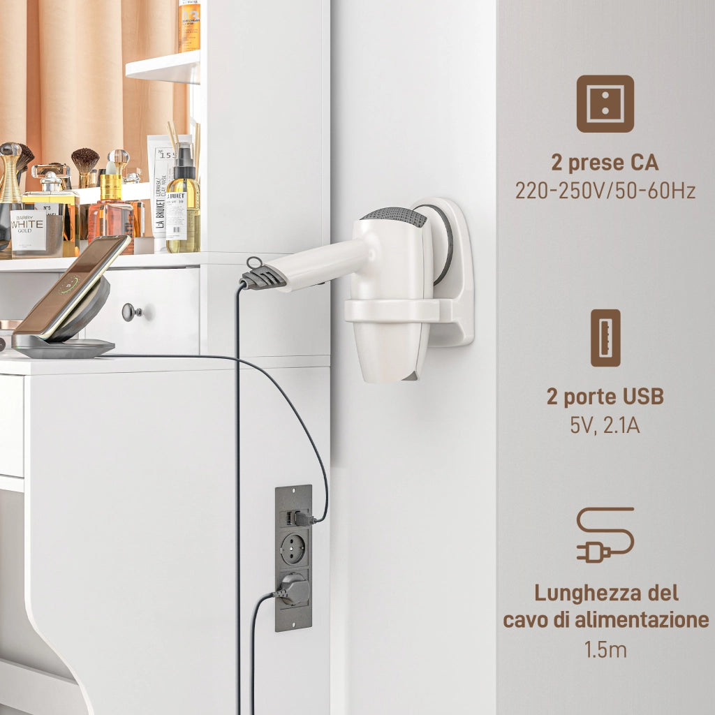 Toeletta Trucco con Luci LED, Specchio, USB, Cassetti e Mensole ¨C zephmum ¨C Bianco, 90x45x160cm