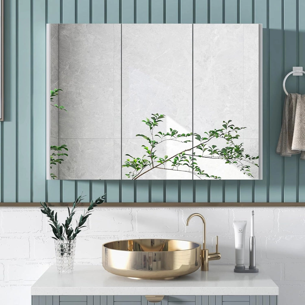 Mobiletto Bagno con Specchio, Specchio Bagno con 2 Ripiani di Stoccaggio, 90x11x65 cm, Bianco