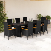Set da Pranzo da Giardino 9 pz con Cuscini Nero in Polyrattan