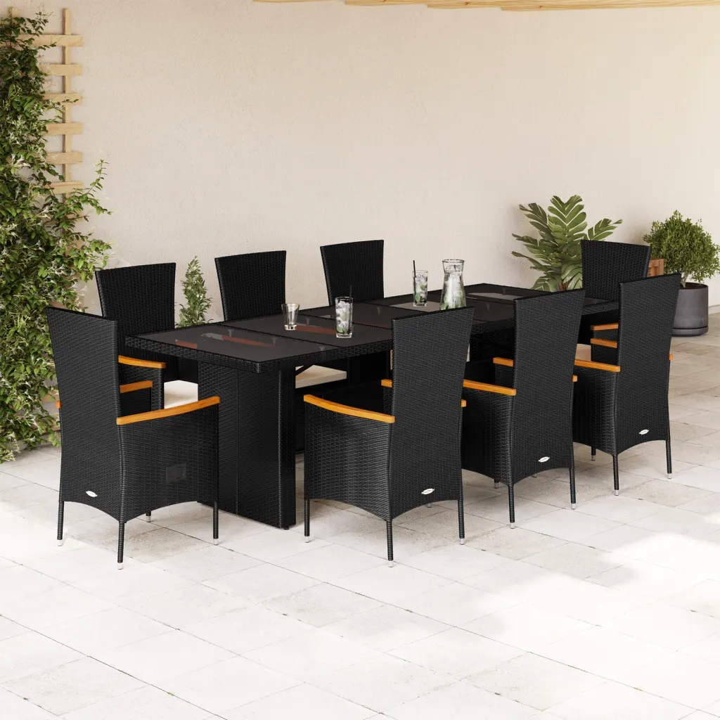 Set da Pranzo da Giardino 9 pz con Cuscini Nero in Polyrattan