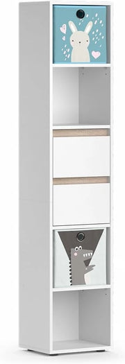 Libreria bambini Robert, Bianco, 36.2 x 171 cm con box pieghevoli colorati, adatto per riporre giocattoli e libri