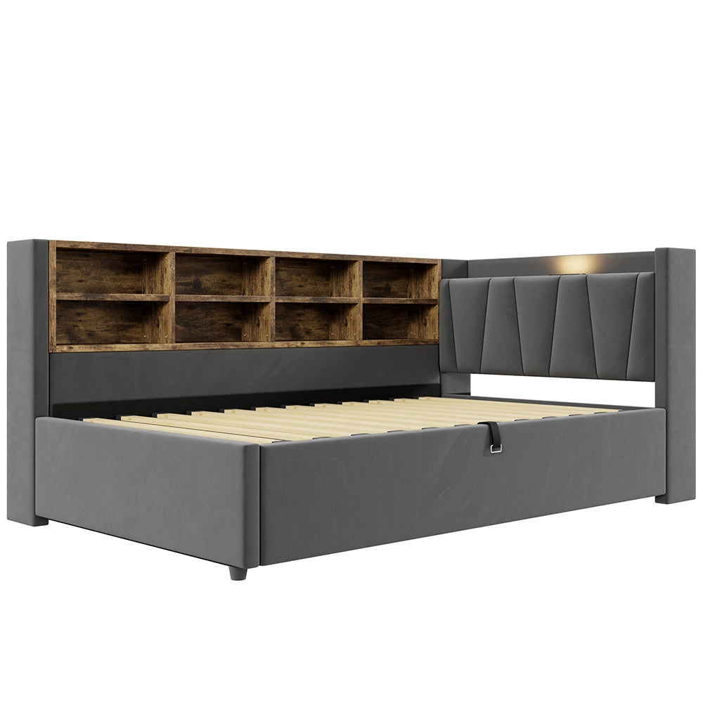 Divano letto-Xylo-90x200 cm-LED, USB-C, ripiani, velluto grigio scuro