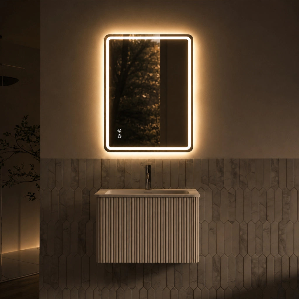 Mobile bagno con specchio con 1 cassetto; lavabo integrato e specchio LED antiappannamento per bagno; bianco