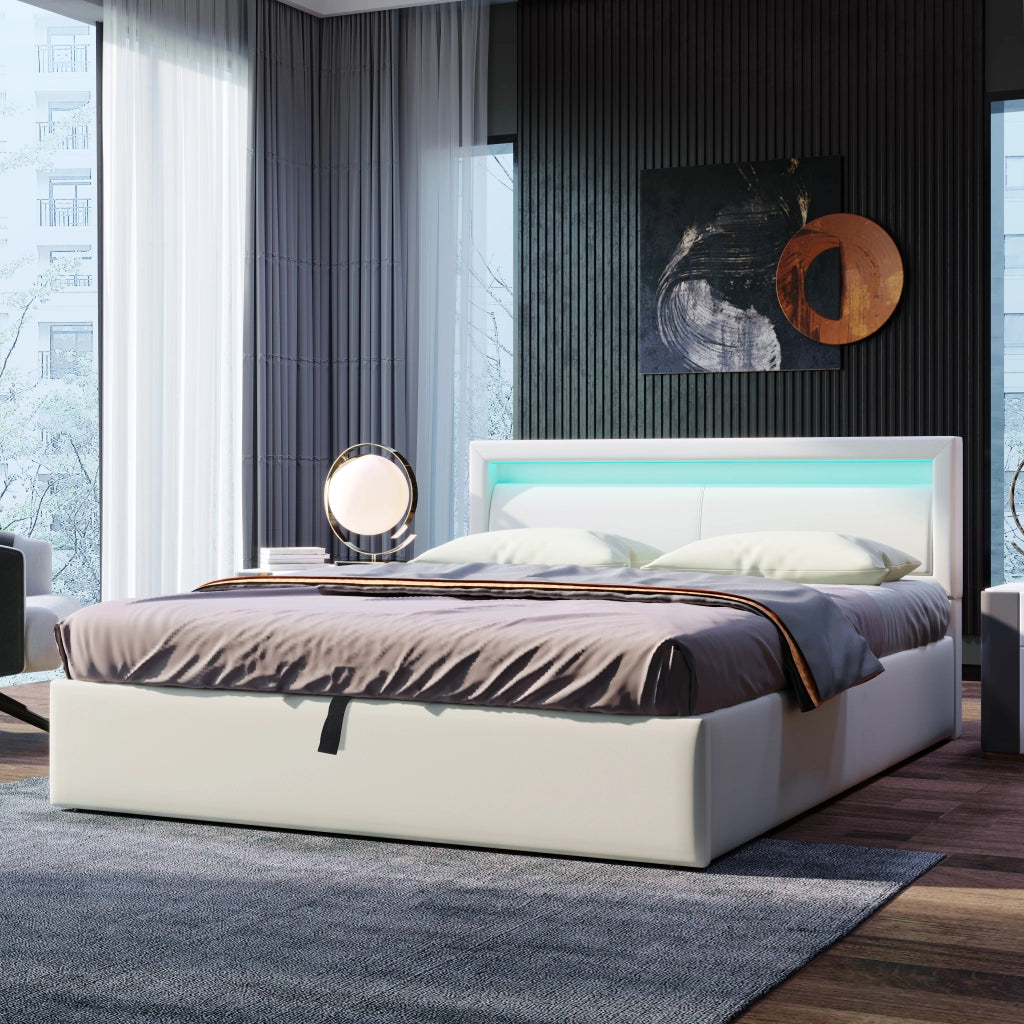 Letto imbottito 140x200 cm con rete a doghe, contenitore e LED, bianco, rivestimento in PU