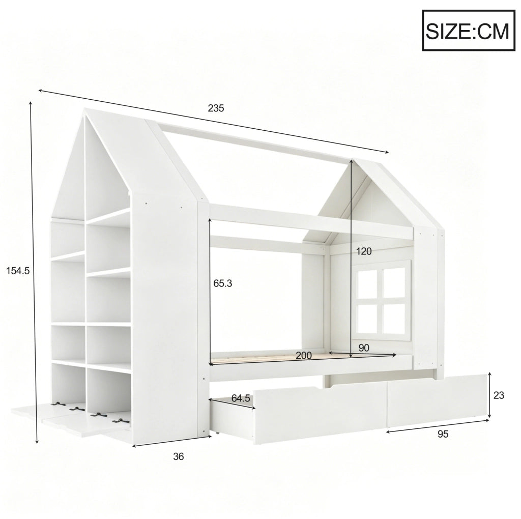 Letto a casetta per bambini 90x200 cm con 2 cassetti; LED e vano contenitore; bianco