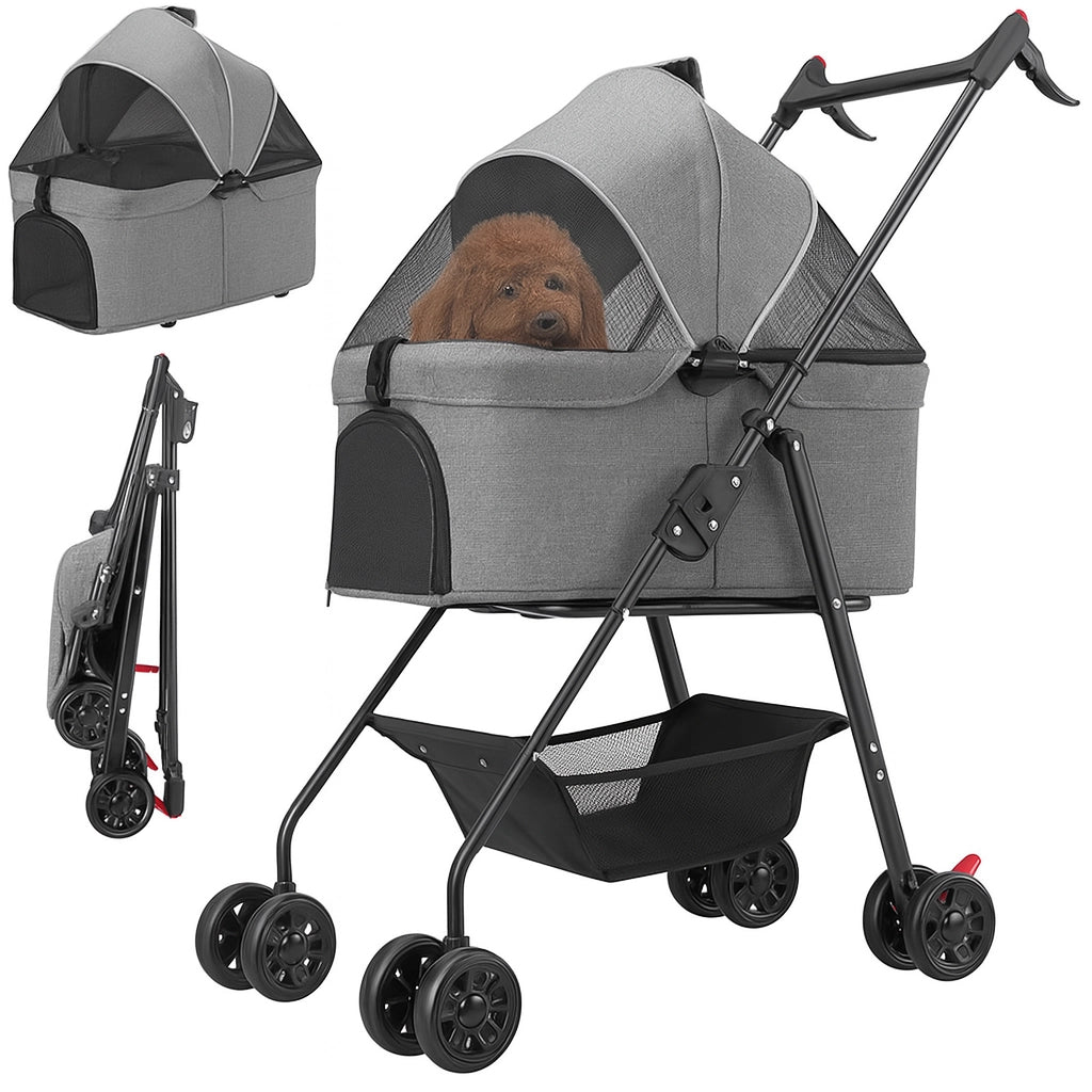 Passeggino per Cani Gatti 2in1 Cestello Rimovibile Pieghevole e Traspirante Grigio