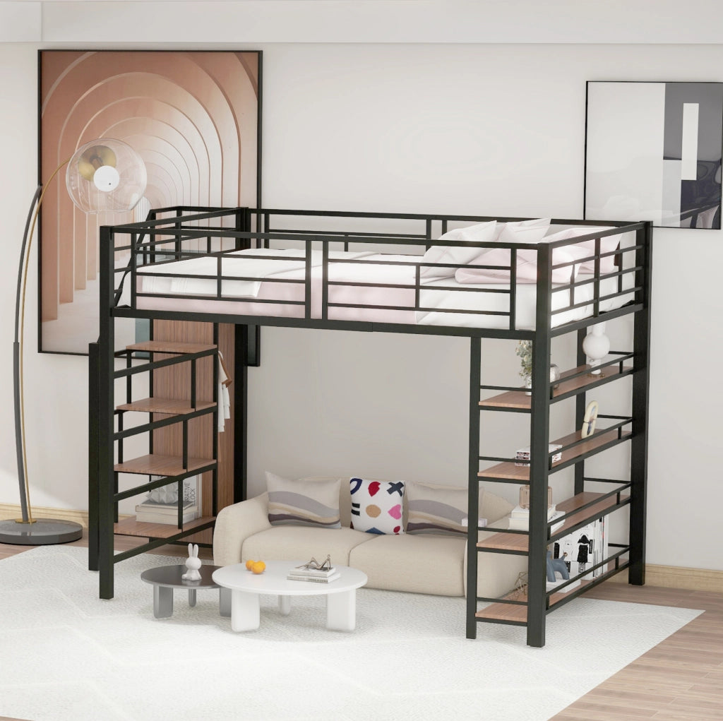 Letto a soppalco 140x200 cm in metallo e MDF nero con scala contenitore e guardaroba