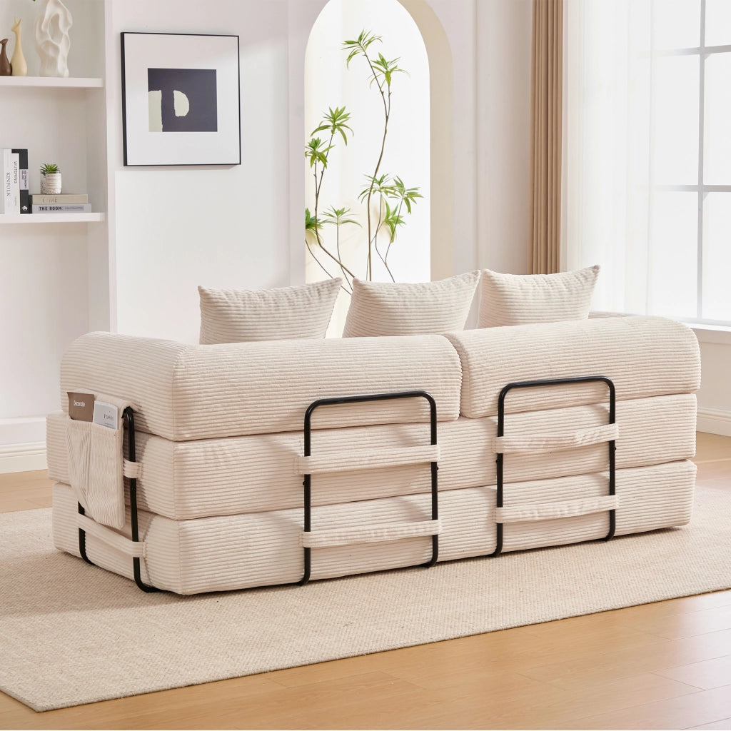 Divano modulare in velluto a coste beige con 3 cuscini; tasca laterale; 200 cm