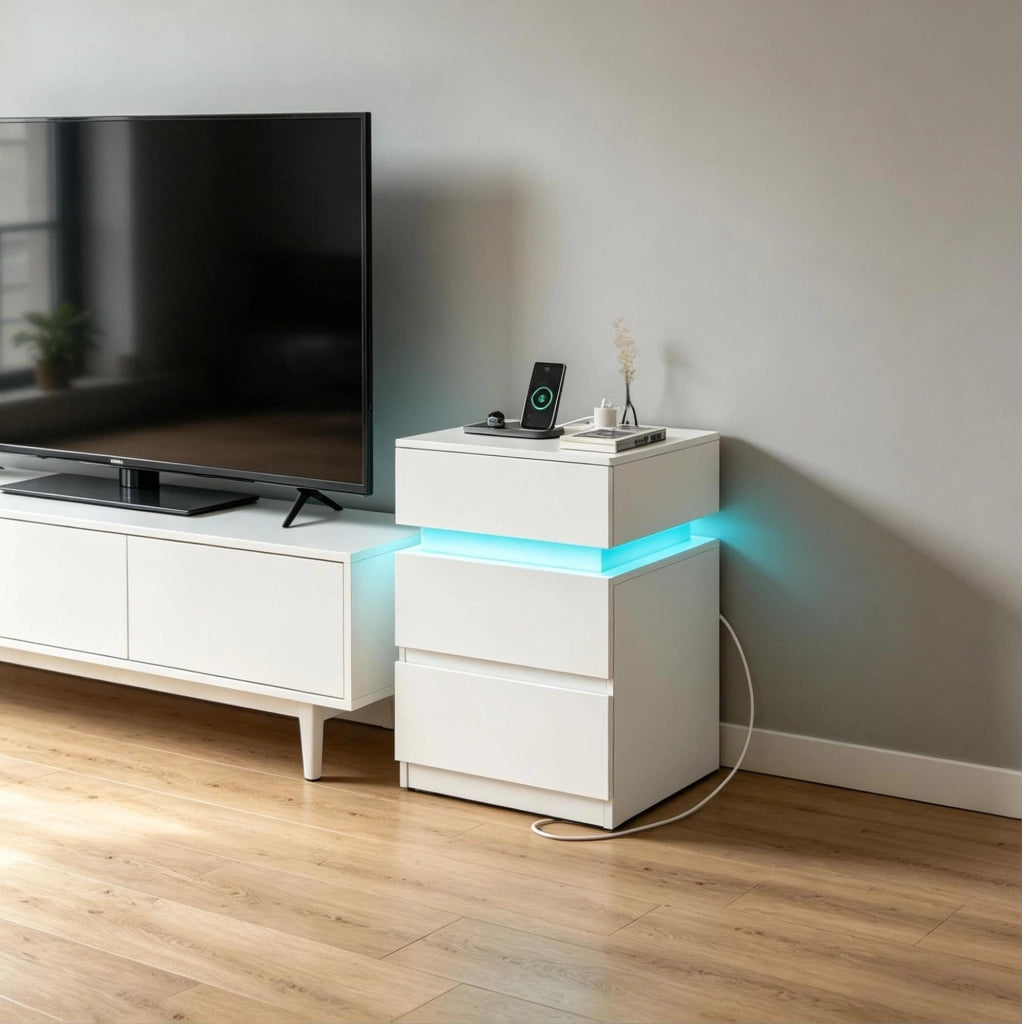 Comodino con luce a LED e prese integrate, set da 2