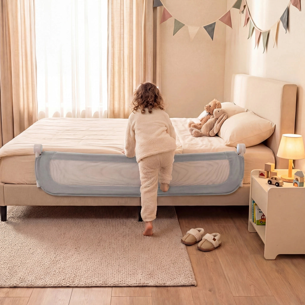 Sbarra letto pieghevole per bambini con base robusta a U, Sbarra protettiva regolabile 148 cm con accessori completi Grigio