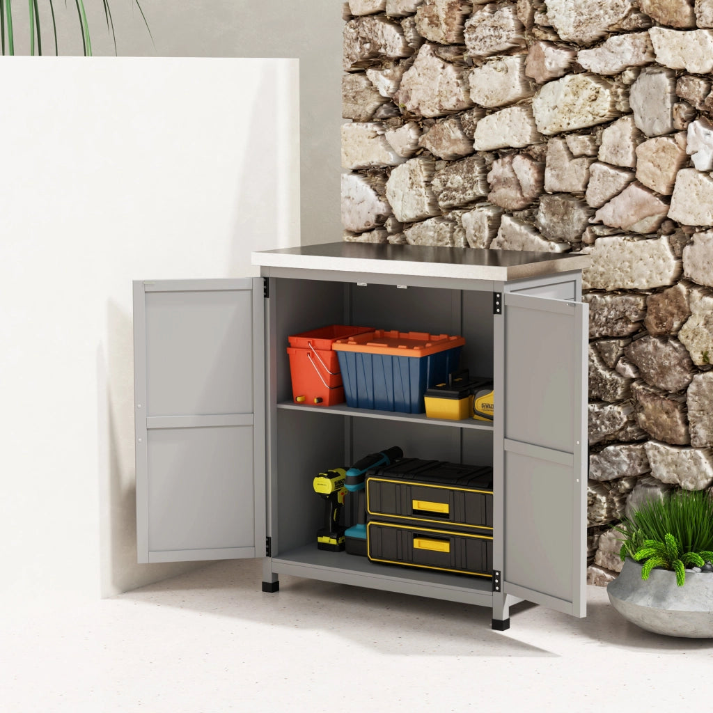 OKWISH Armadio da Giardino con Piano di Lavoro, Doppia Anta e Ripiano, per Uso Esterno, Legno, Grigio, 79 × 43 × 92 cm