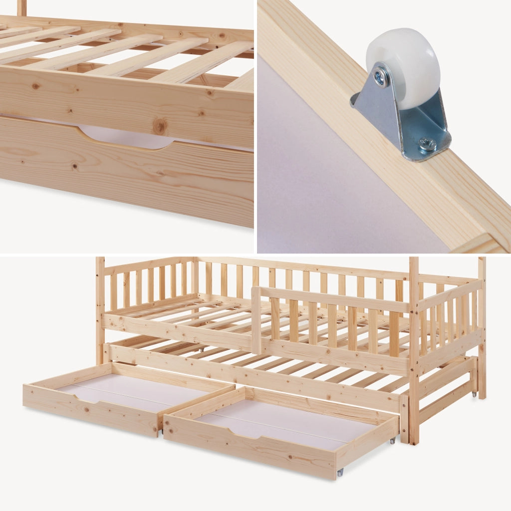 Letto a Casetta per Cameretta Aarghonmaa in Legno di Pino con Letto Estraibile 1 Materasso 90x200 cm e 2 Cassetti - Naturale [en.casa]