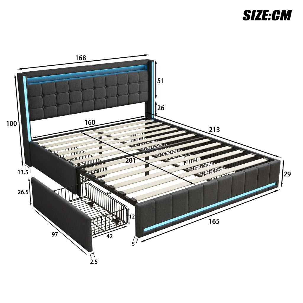 Letto 160x200 cm con contenitore; LED e porte USB in legno e MDF grigio scuro