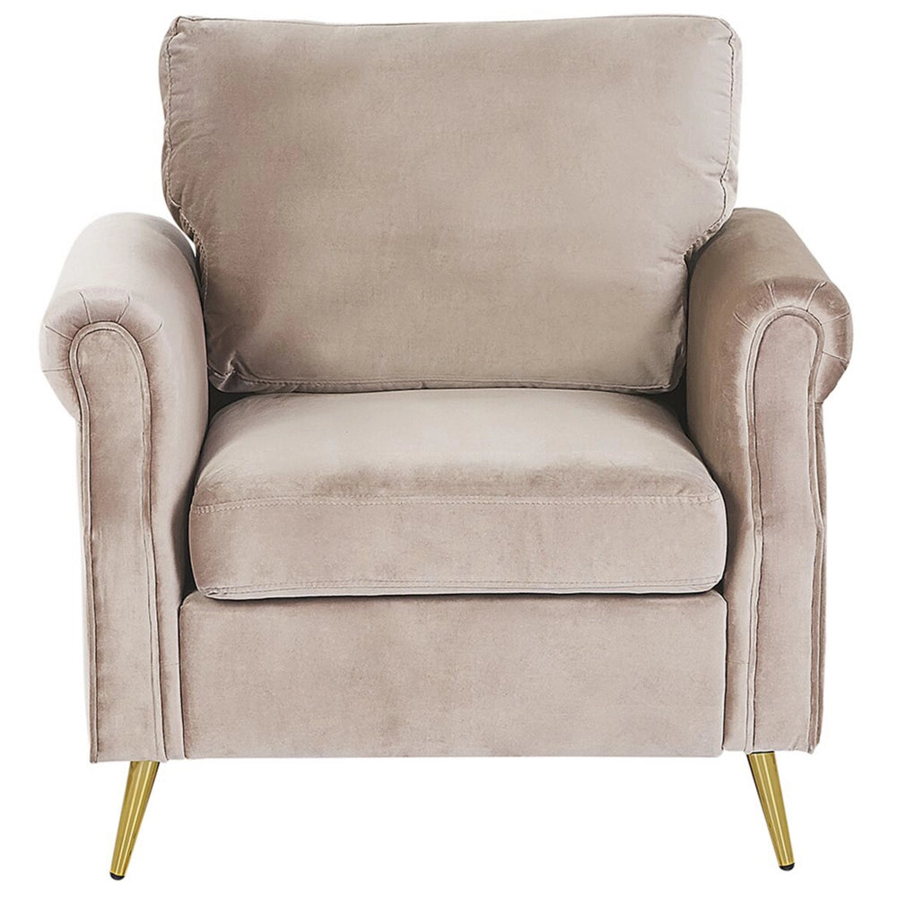 Poltrona Taupe Tessuto Velluto Rivestimento Gambe In Metallo dorato Cuscini Seduta E Schienale Sfoderabili Stile Retrò Glam