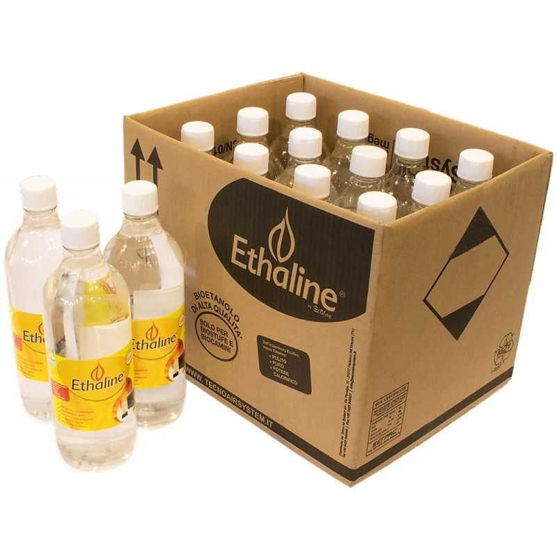 Bioetanolo liquido Ethaline Confezione 12 Flaconi da 1 L – purezza > 96 %, accensione rapida, zero fumo – Tecno Air System