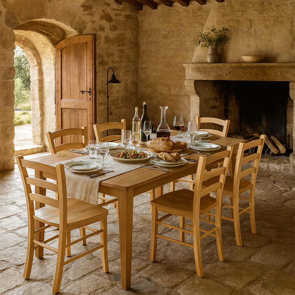 Sedia da sala da pranzo Venezia in legno massccio naturale con seduta massello