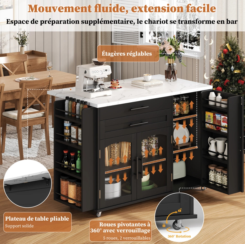 Carrello da cucina con piano pieghevole; cassetti e ante in vetro; MDF; nero