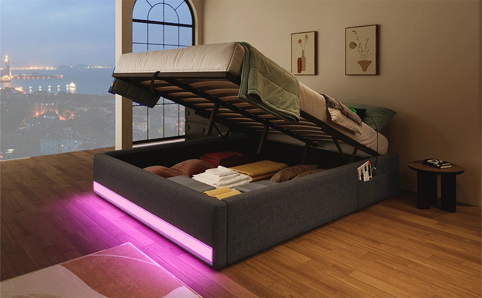 DESMIU Letto matrimoniale 140 × 200 cm 2 posti con LED, USB, Type-C e vano idraulico, senza materasso, in lino, grigio