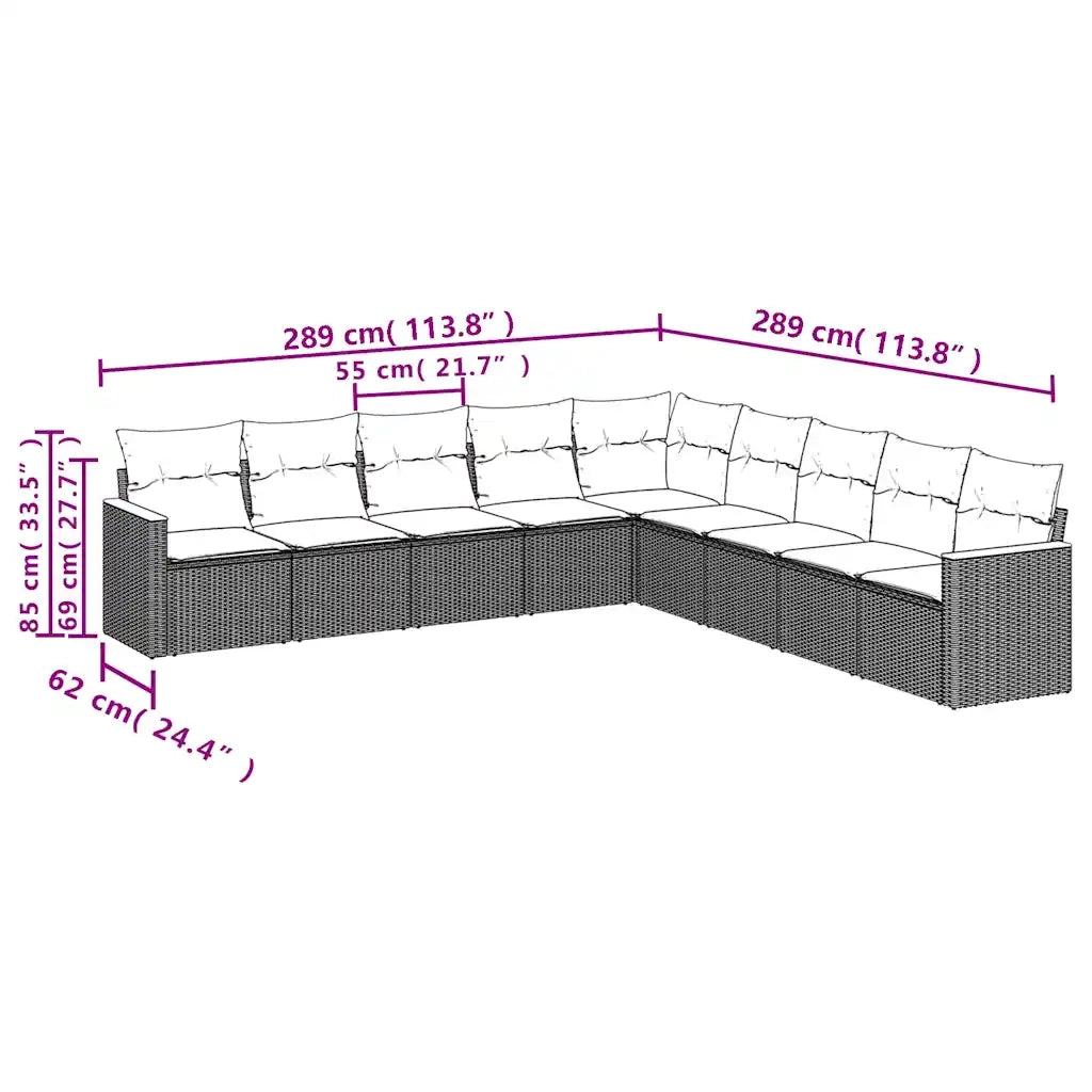 Set Divani da Giardino 9 pz con Cuscini Grigio in Polyrattan 3226061