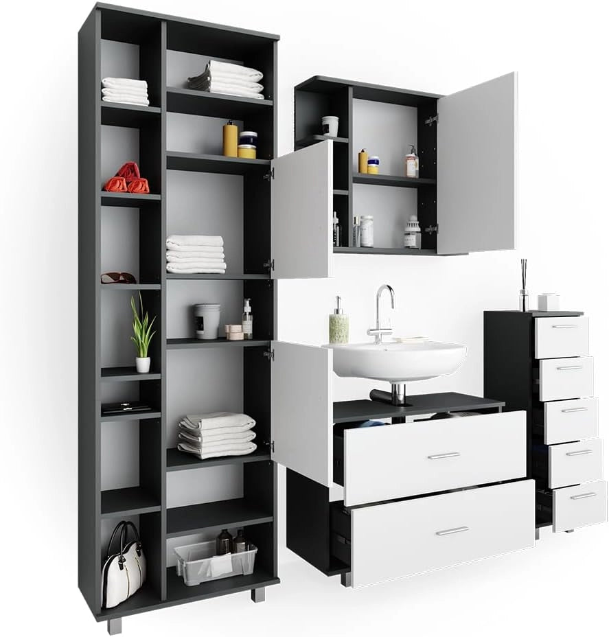 Set mobili bagno Ilias, Bianco/antracite, 80.2 cm, composto da mobile lavabo, pensile a specchio, colonna e base media