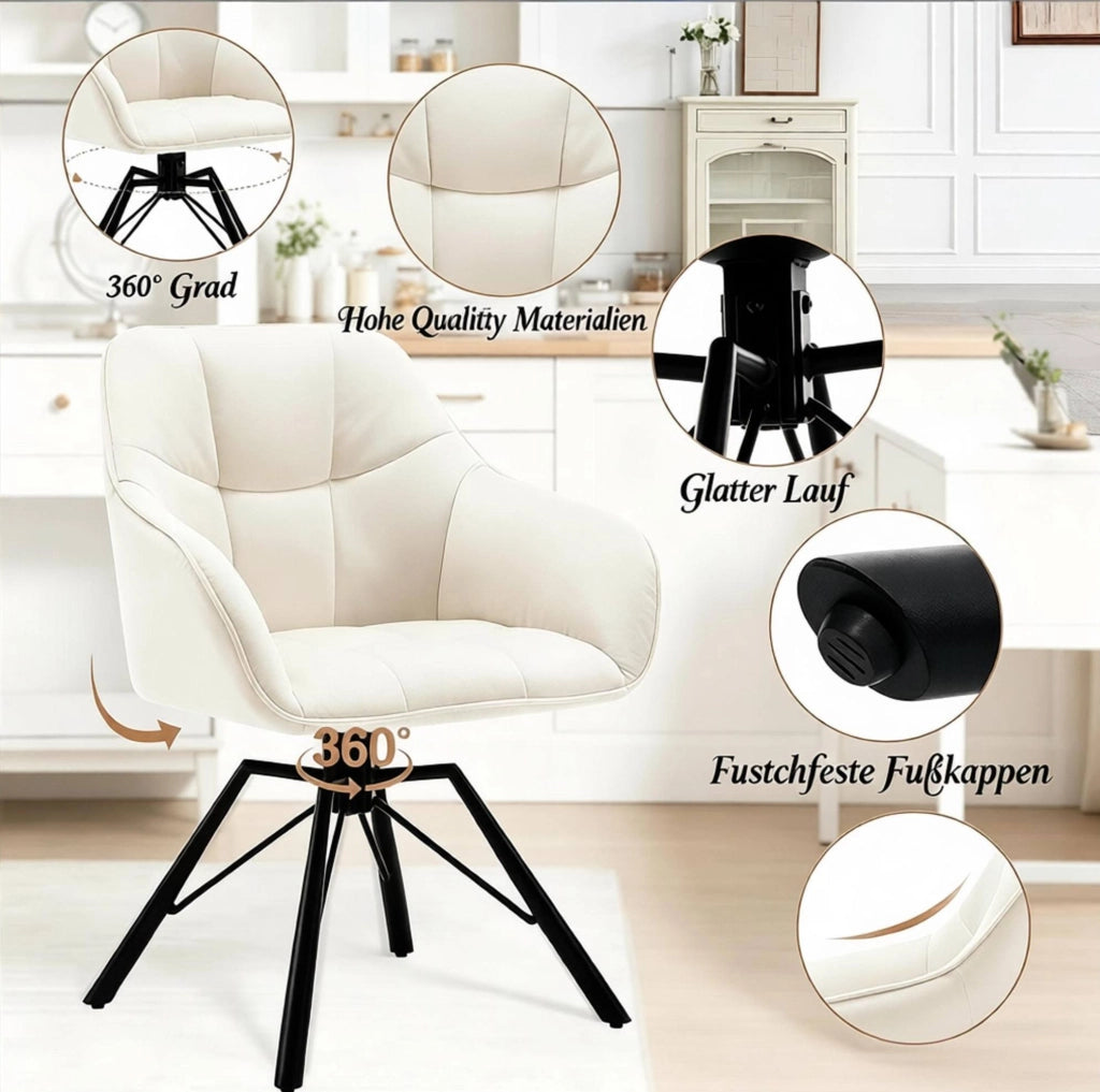 Set di 2 sedie da pranzo girevoli 360° in velluto crema