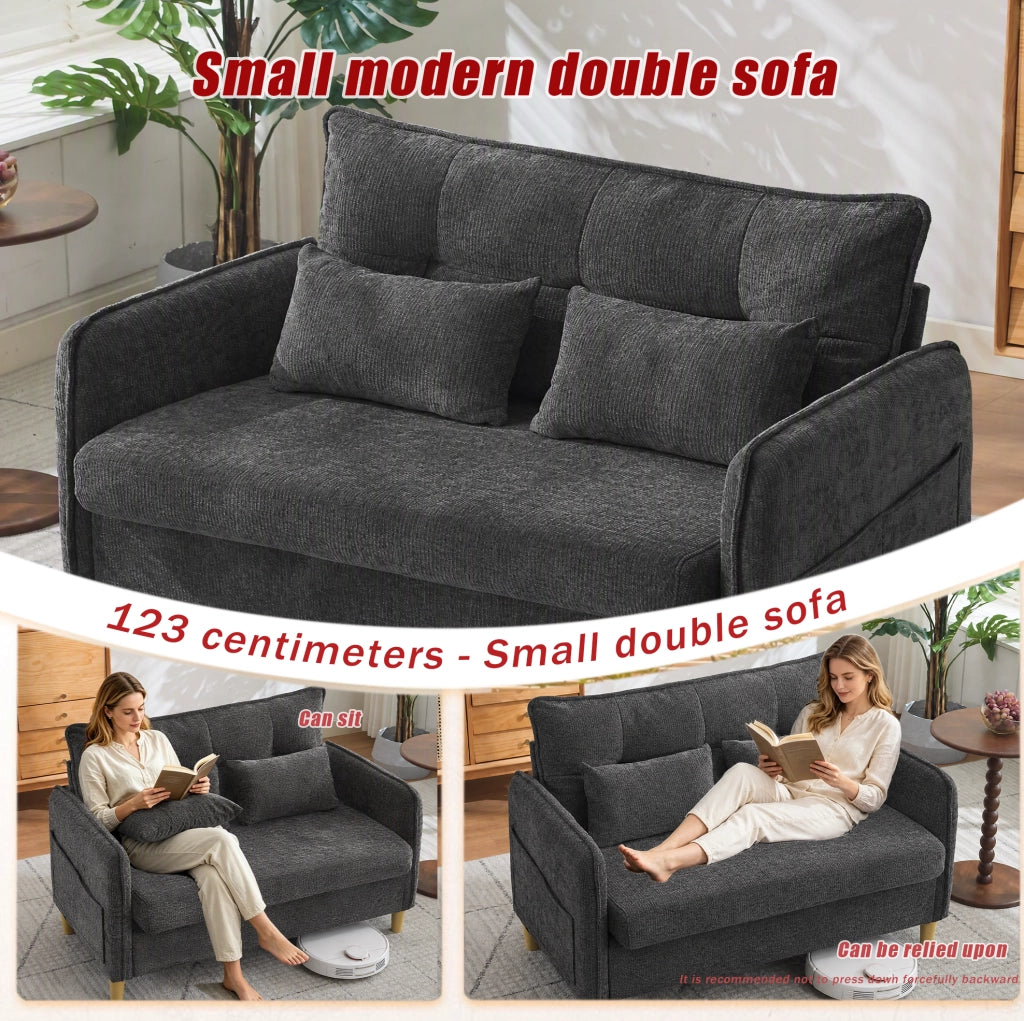 Divano 2 posti ULEVR 127 cm in ciniglia grigio scuro con braccioli, tasche laterali e cuscini