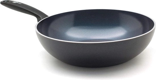 Wok in acciaio inossidabile con superficie ceramica inductiva PFAS-free, resistente al forno e al lavastoviglie, 28 cm/36 litri, nero.