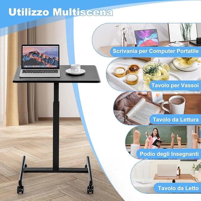 Tavolino da Letto e Divano per PC con 2 Ruote Bloccabili, Tavolino Serviletto Regolabile in Altezza, Tavolino per Mangiare e Lavorare da Ospedale e Salotto, Portata 80 kg (Nero)