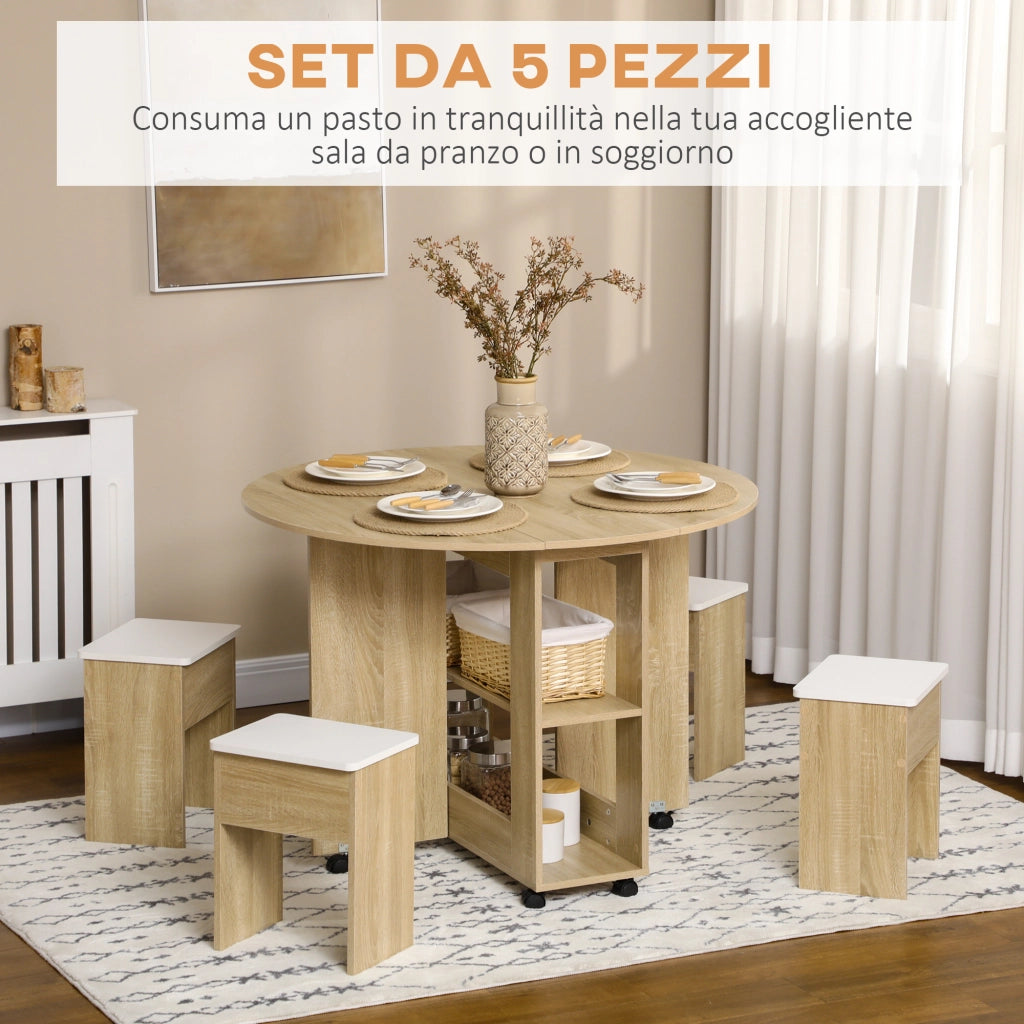 Set Tavolo e Sedie 5 Pezzi in Truciolato, Tavolo Rotondo con 2 Ripiani Aperti e 4 Sgabelli Moderni