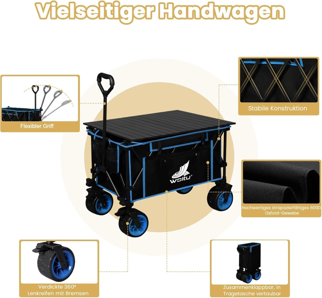 Carrello Pieghevole con Ruote da Spiaggia con Piano e Maniglia, Carrello da Giardino, Campeggio, Spesa, Borsa di Trasporto, Oxford+Acciaio, Nero+Blu